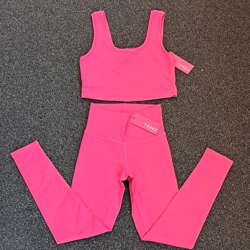 🚨NWT Terez TLC Crop Top & TLC Leggings Workout Yoga Pilates Gym Set Pink XS/S